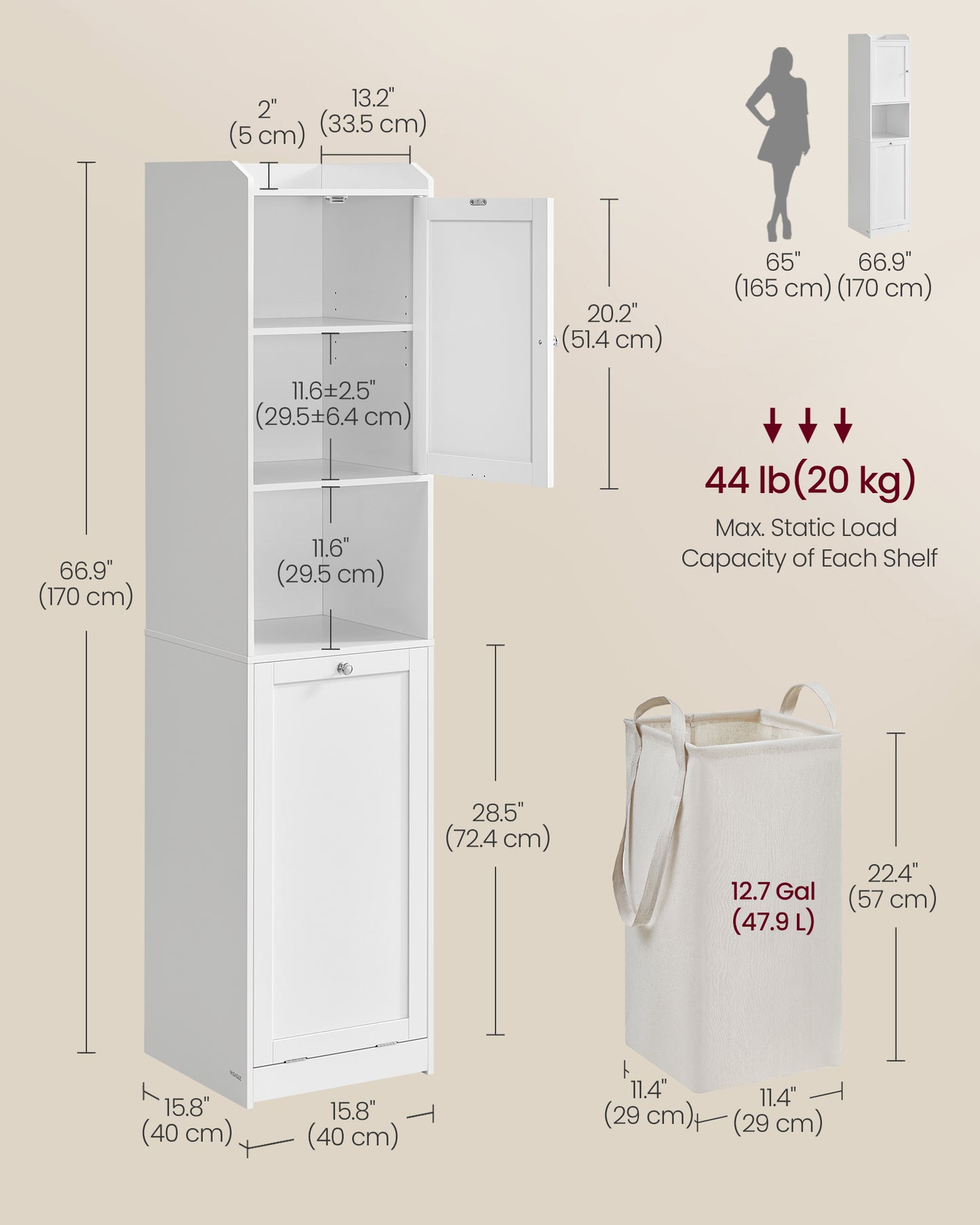 VASAGLE Tall Cabinet with Laundry Basket, Removable Laundry Basket with Handles, Compartment with Door, Linen Tower, Cloud White
