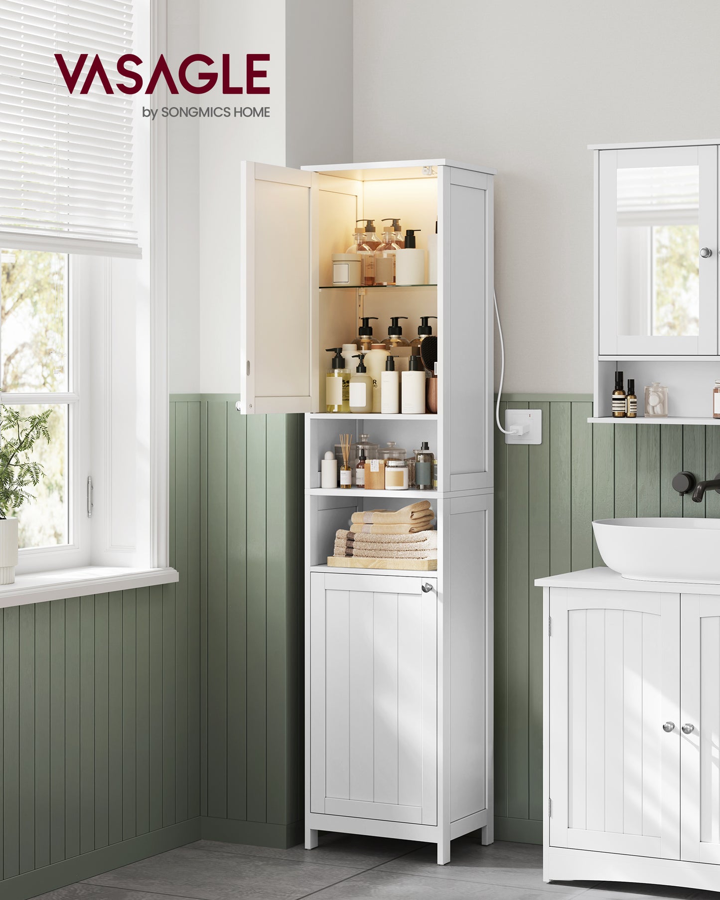 Tall Bathroom Cabinet with Lights, Slim Freestanding Bathroom Storage Cabinet with Adjustable Shelves, Modern, White