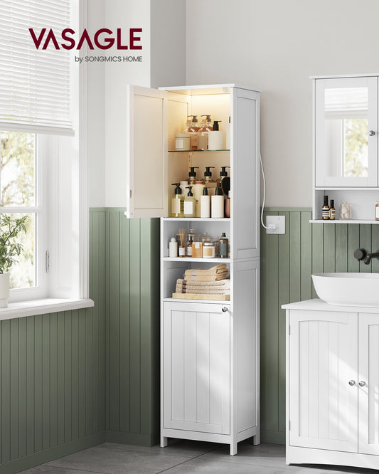 Tall Bathroom Cabinet with Lights, Slim Freestanding Bathroom Storage Cabinet with Adjustable Shelves, Modern, White