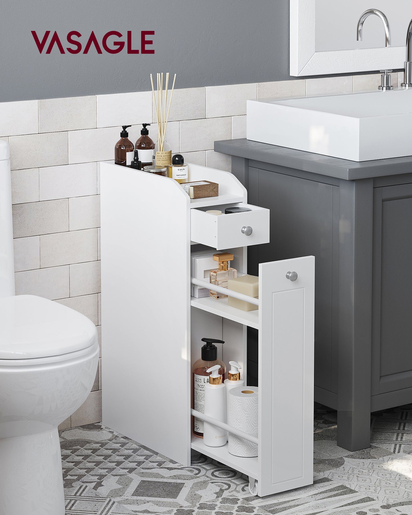 Small Storage Cabinet, Slim Storage Organizer, Toilet Paper Holder with Storage, Toilet Paper Storage Cabinet, White