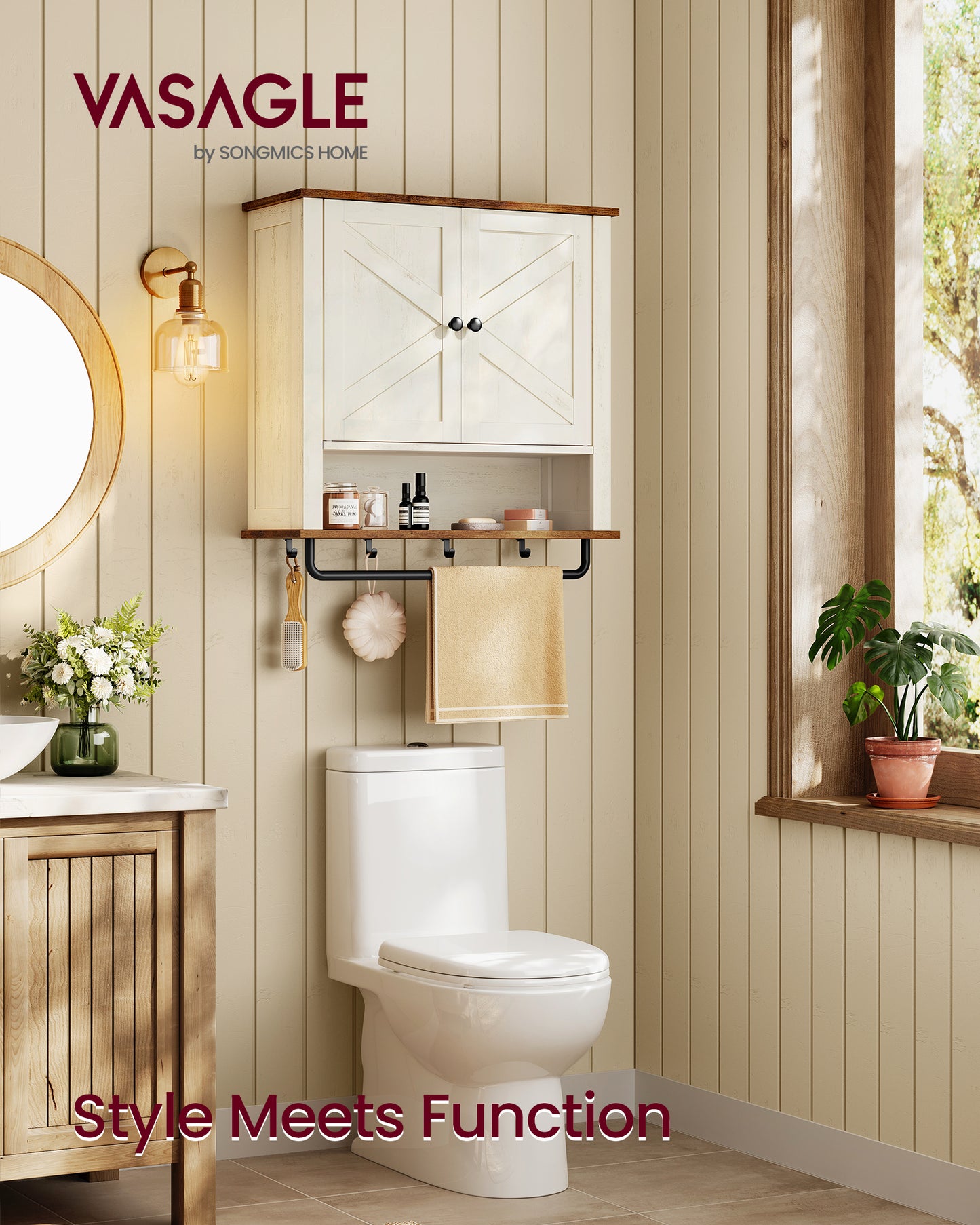 Farmhouse Wall-Mounted Medicine Cabinet with 2 Barn Doors, Adjustable Shelf, Towel Bar & Hooks, 7.9" x 23.6" x 28.7", Rustic White