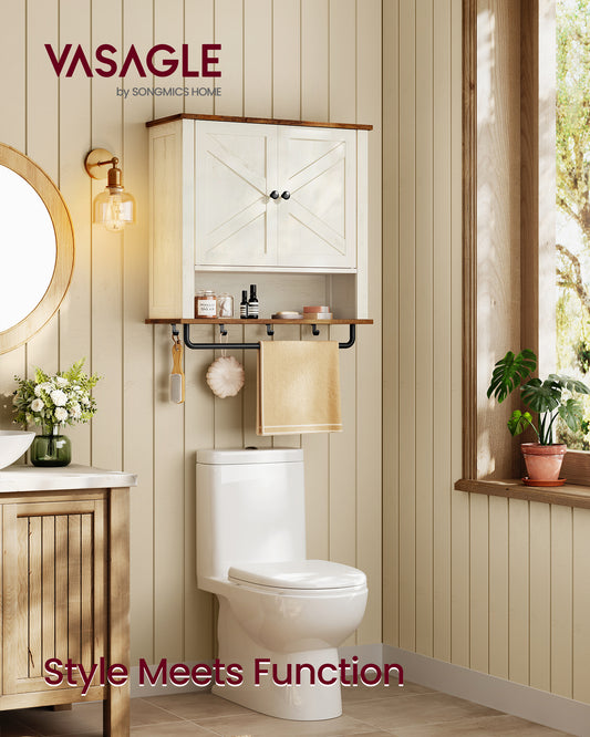 Farmhouse Wall-Mounted Medicine Cabinet with 2 Barn Doors, Adjustable Shelf, Towel Bar & Hooks, 7.9" x 23.6" x 28.7", Rustic White