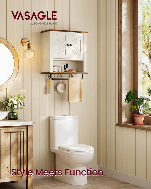 Farmhouse Wall-Mounted Cabinet with Barn Doors, 18.1x24 Inch Medicine Storage with Adjustable Shelf and Towel Bar, Rustic White