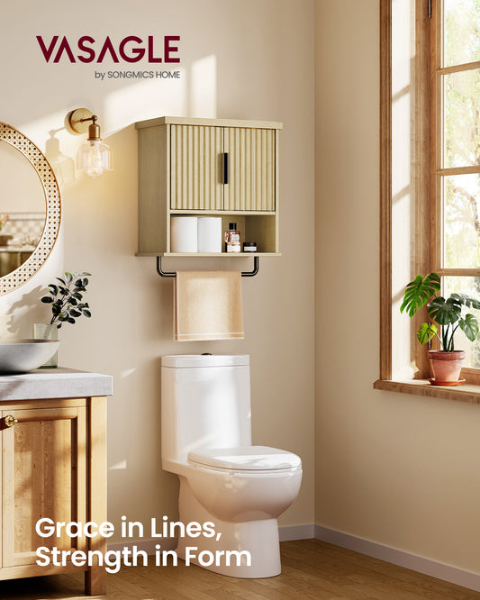 MAXE Bathroom Medicine Cabinet with Hanger, Wall Storage Cabinet with 2Doors and Shelves, Oak Beige