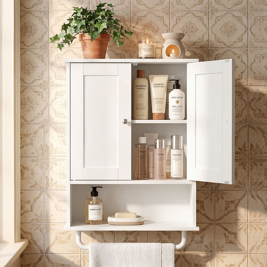 VASAGLE Wall Mounted Cabinet, Bathroom Storage Medicine Cabinet with 2 Doors and Open Shelf, 17.7 x 7.9 x 23.6 inch, for Living Room, White
