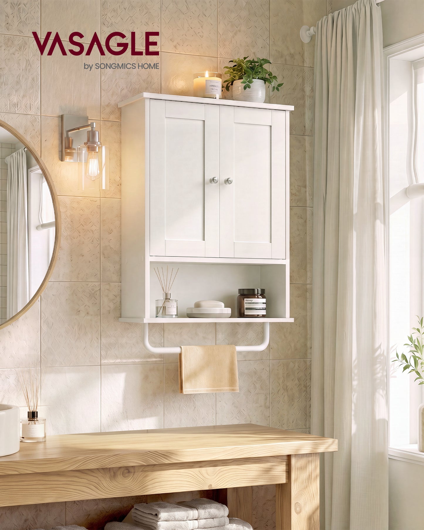 VASAGLE Wall Mounted Cabinet, Bathroom Storage Medicine Cabinet with 2 Doors and Open Shelf, 17.7 x 7.9 x 23.6 inch, for Living Room, White