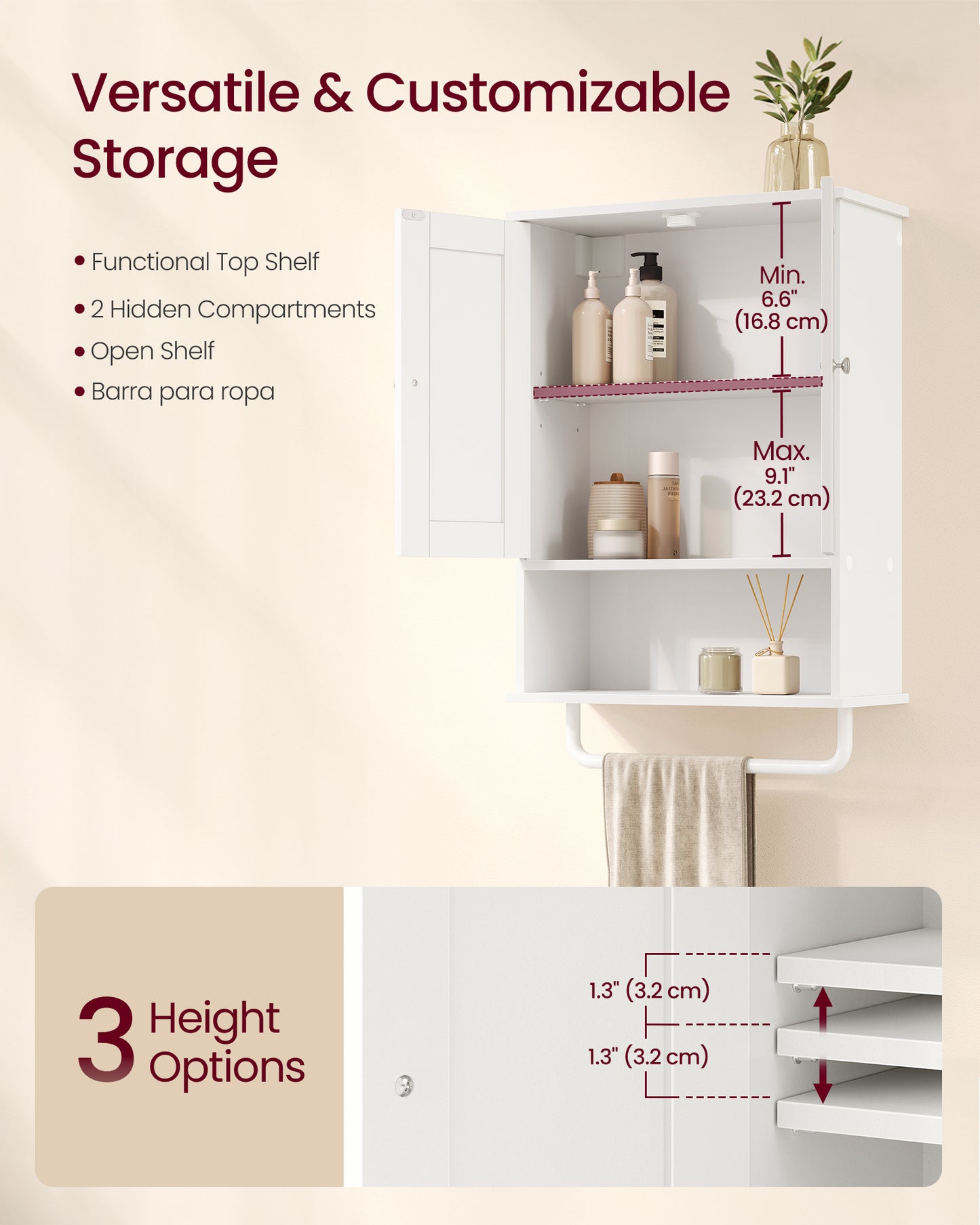 VASAGLE Wall Mounted Cabinet, Bathroom Storage Medicine Cabinet with 2 Doors and Open Shelf, 17.7 x 7.9 x 23.6 inch, for Living Room, White