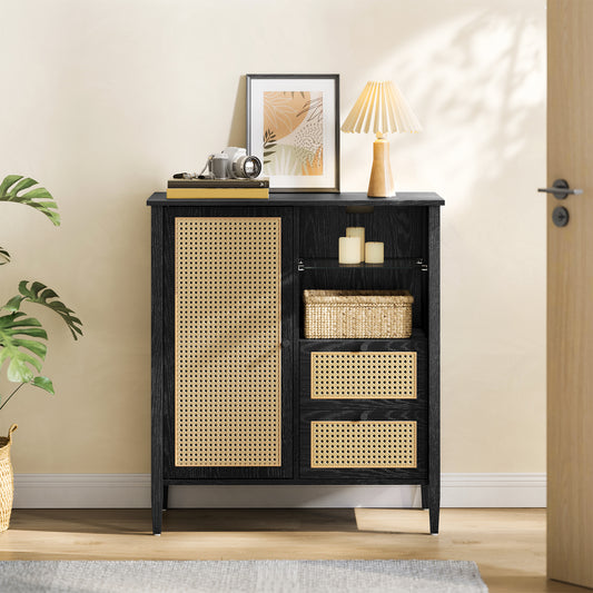 Boho Buffet Cabinet, Synthetic Rattan Sideboard with DrawersStorage Cabinet with Adjustable Shelves, Ink Black