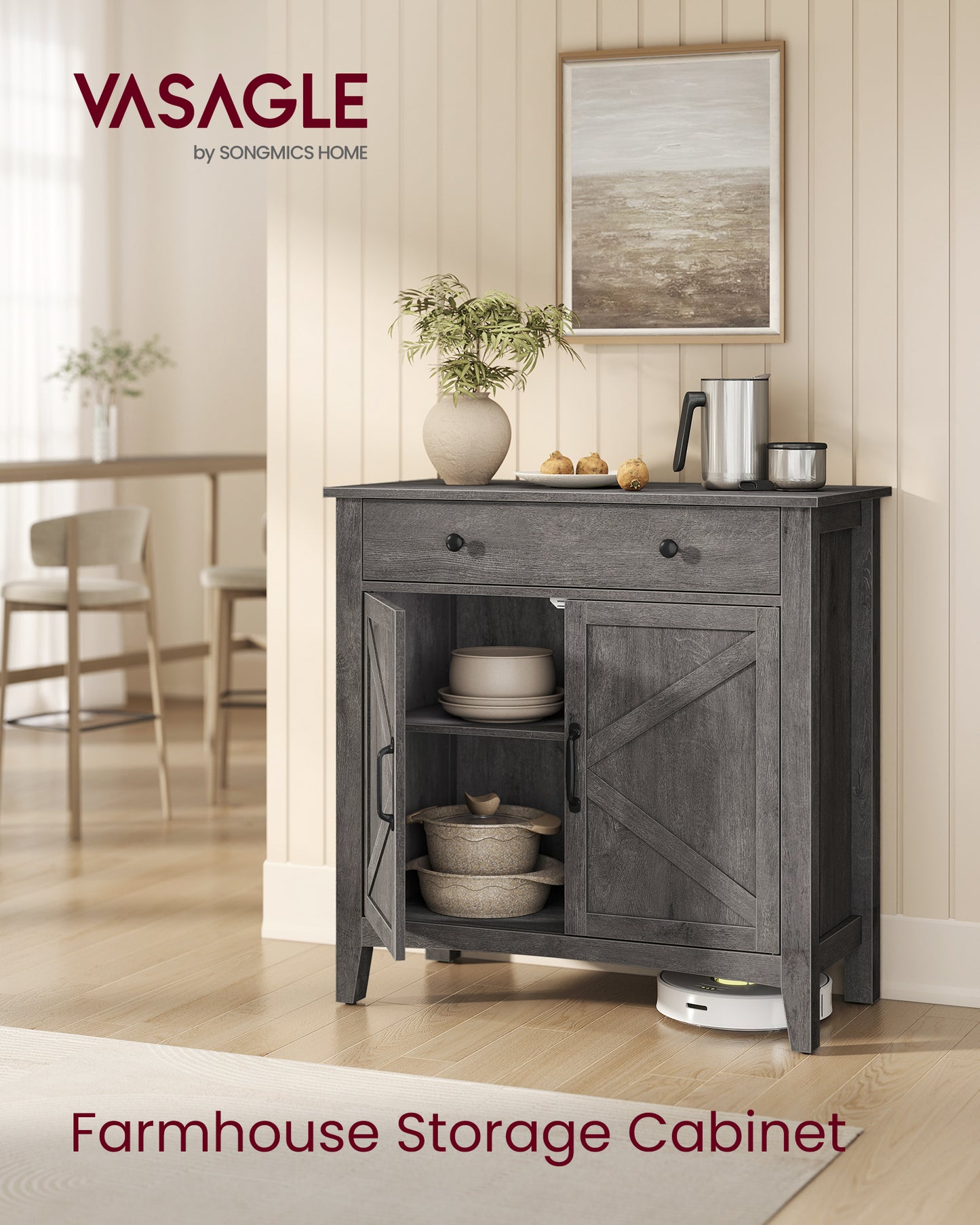 VASAGLE LIRY Collection - Buffet Cabinet, Coffee Bar Cabinet with 2 Drawers, Adjustable Shelves, Sideboard Storage with Cable Holes, Drawer Dividers, Misty Gray