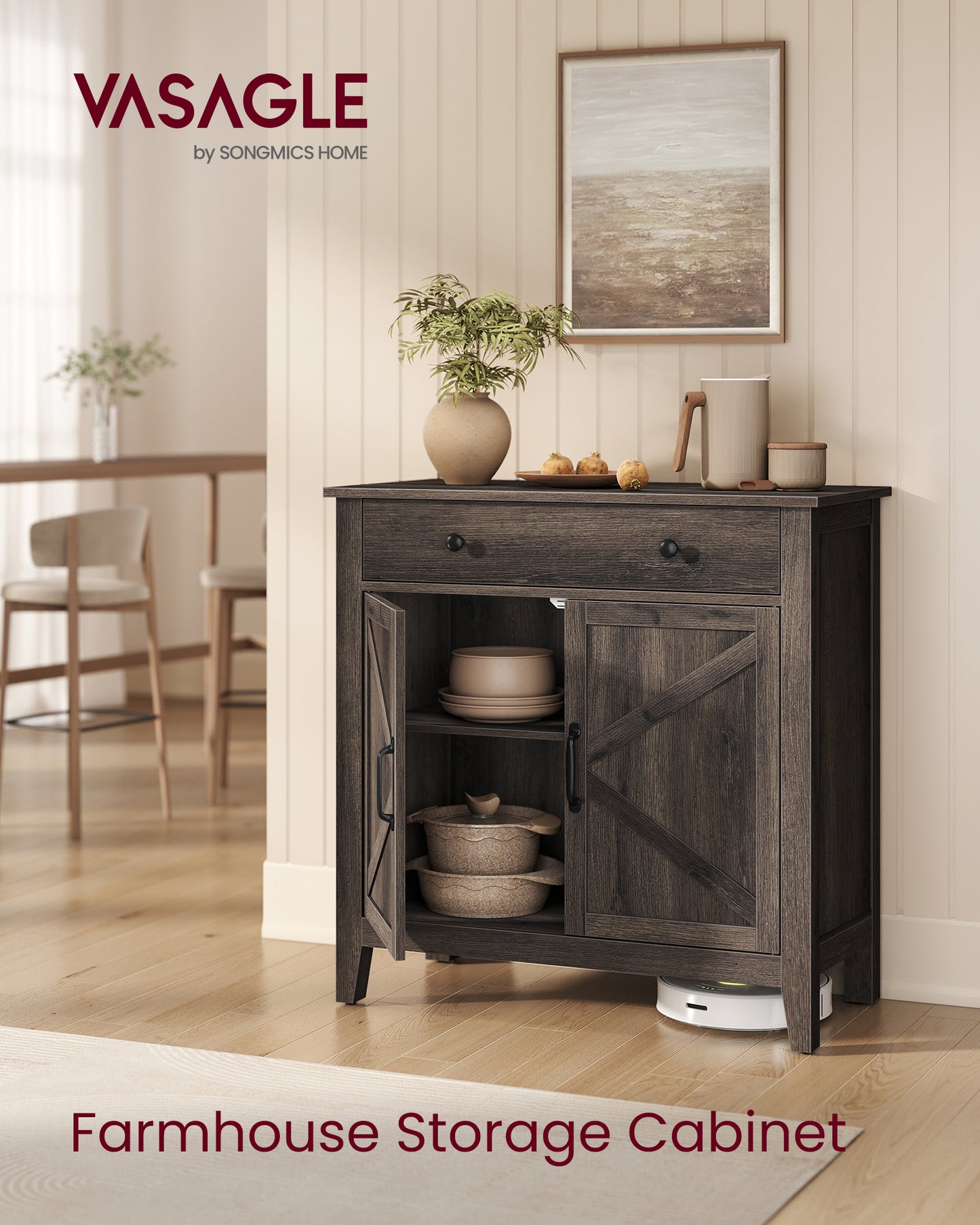VASAGLE LIRY Collection - Buffet Cabinet, Coffee Bar Cabinet with a Drawer, Adjustable Shelf, Sideboard Storage with Cable Hole, Drawer Divider, Taupe Brown