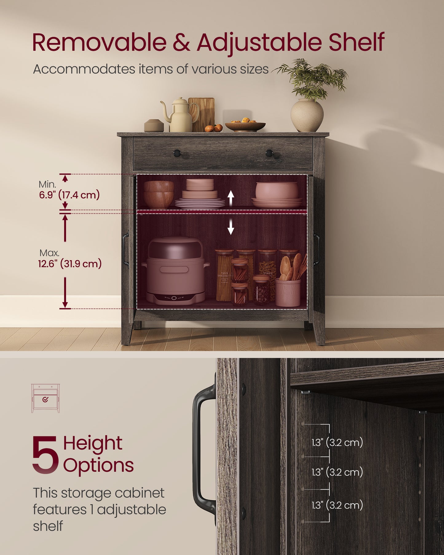 VASAGLE LIRY Collection - Buffet Cabinet, Coffee Bar Cabinet with a Drawer, Adjustable Shelf, Sideboard Storage with Cable Hole, Drawer Divider, Taupe Brown