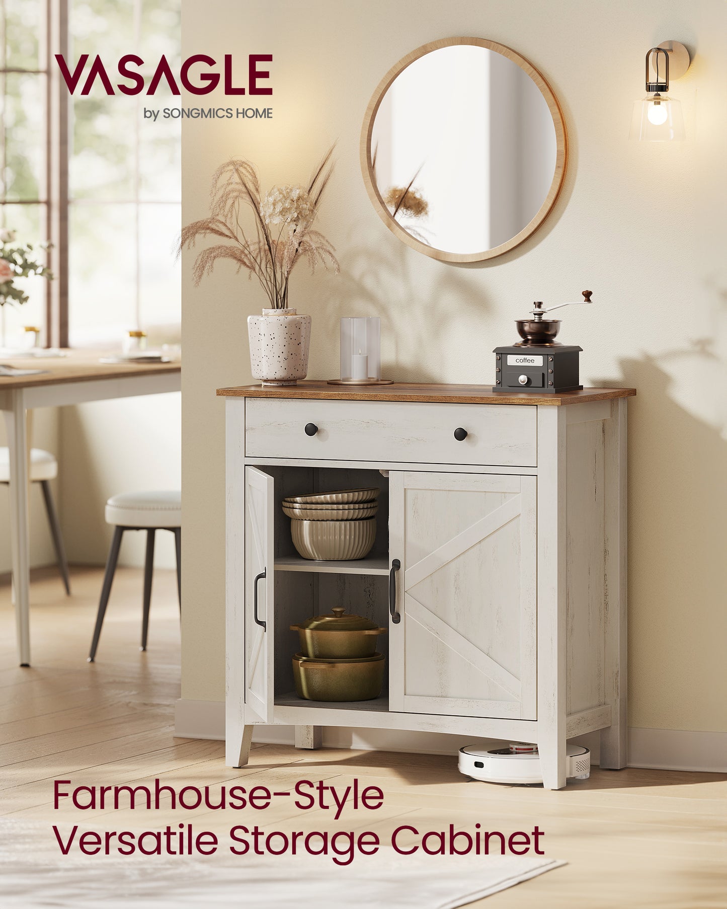 VASAGLE Buffet Cabinet, Sideboard Cabinet with Storage and Drawer, with Doors, Height Adjustable Shelf,Rustic White and Honey Brown