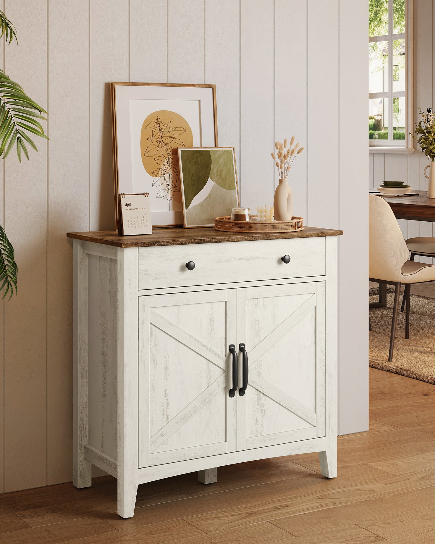 VASAGLE Buffet Cabinet, Sideboard Cabinet with Storage and Drawer, with Doors, Height Adjustable Shelf,Rustic White and Honey Brown