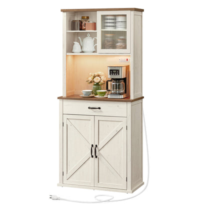 VASAGLE 71" Pantry Cabinet with Lights and Charging Station, Kitchen Pantry Cabinet,Farmhouse Storage Cabinet Rustic White