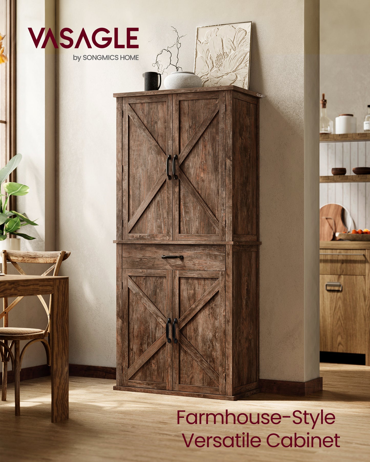 Farmhouse Pantry Cabinet with Barn Doors & Adjustable Shelves – 70.3" Tall Kitchen Storage Organizer with Drawer & Pull-Out Tray, Hazelnut Brown
