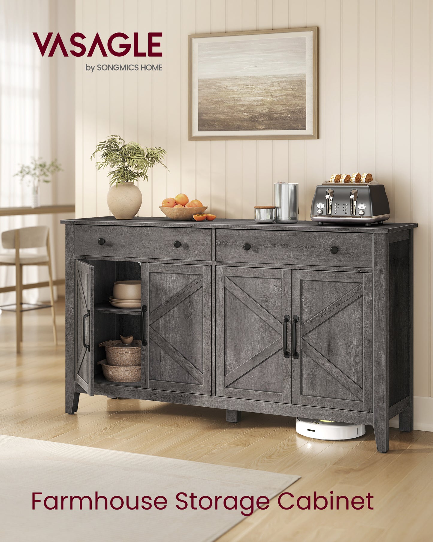 VASAGLE LIRY Collection - Buffet Cabinet, Coffee Bar Cabinet with 2 Drawers, Adjustable Shelves, Sideboard Storage with Cable Holes, Drawer Dividers, Misty Gray