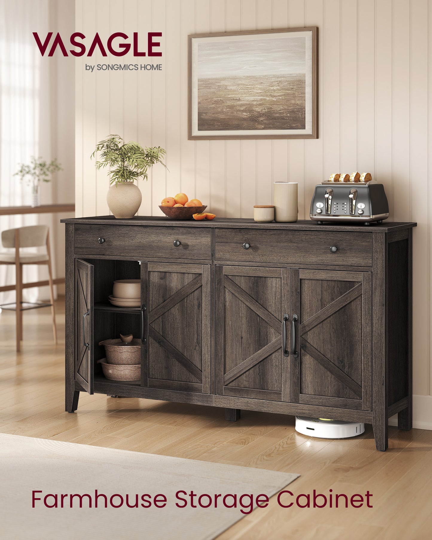 VASAGLE LIRY Collection - Buffet Cabinet, Coffee Bar Cabinet with 2 Drawers, Adjustable Shelves, Sideboard Storage with Cable Holes, Drawer Dividers, Taupe Brown
