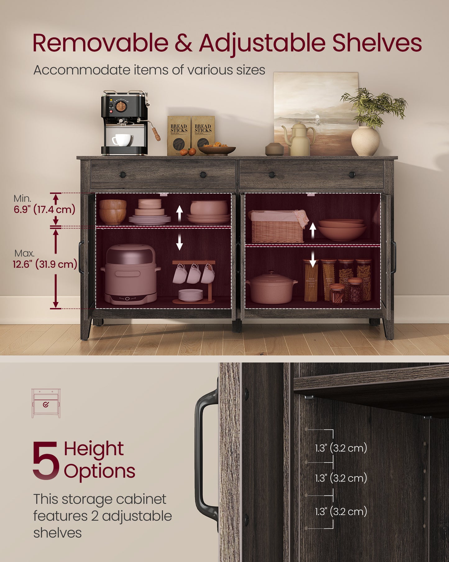 VASAGLE LIRY Collection - Buffet Cabinet, Coffee Bar Cabinet with 2 Drawers, Adjustable Shelves, Sideboard Storage with Cable Holes, Drawer Dividers, Taupe Brown