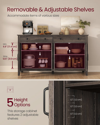 VASAGLE LIRY Collection - Buffet Cabinet, Coffee Bar Cabinet with 2 Drawers, Adjustable Shelves, Sideboard Storage with Cable Holes, Drawer Dividers, Taupe Brown
