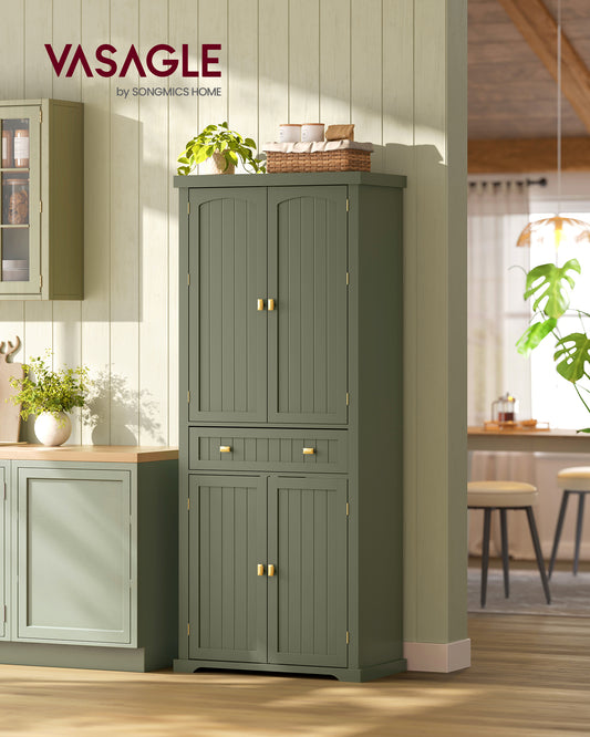 Farmhouse Pantry Cabinet, 71.7" Tall Freestanding Storage with Beadboard Doors, Drawer, 6 Adjustable Shelves, Wall Anchor Kit, Forest Green