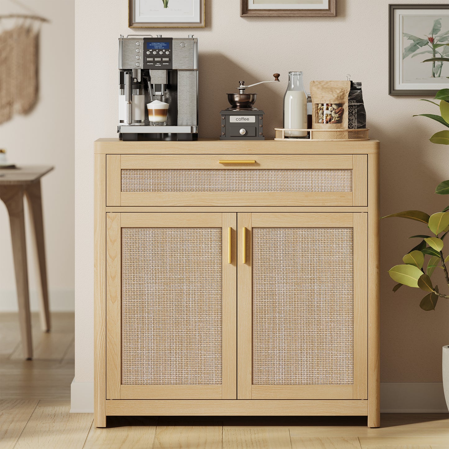 VASAGLE ELLAN Collection - Boho Buffet Cabinet with Rattan-Look Doors, Sideboard Storage Cabinet, Rounded Corners, Adjustable Shelf, Drawer, Oak Beige
