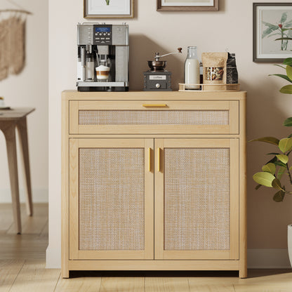 VASAGLE ELLAN Collection - Boho Buffet Cabinet with Rattan-Look Doors, Sideboard Storage Cabinet, Rounded Corners, Adjustable Shelf, Drawer, Oak Beige