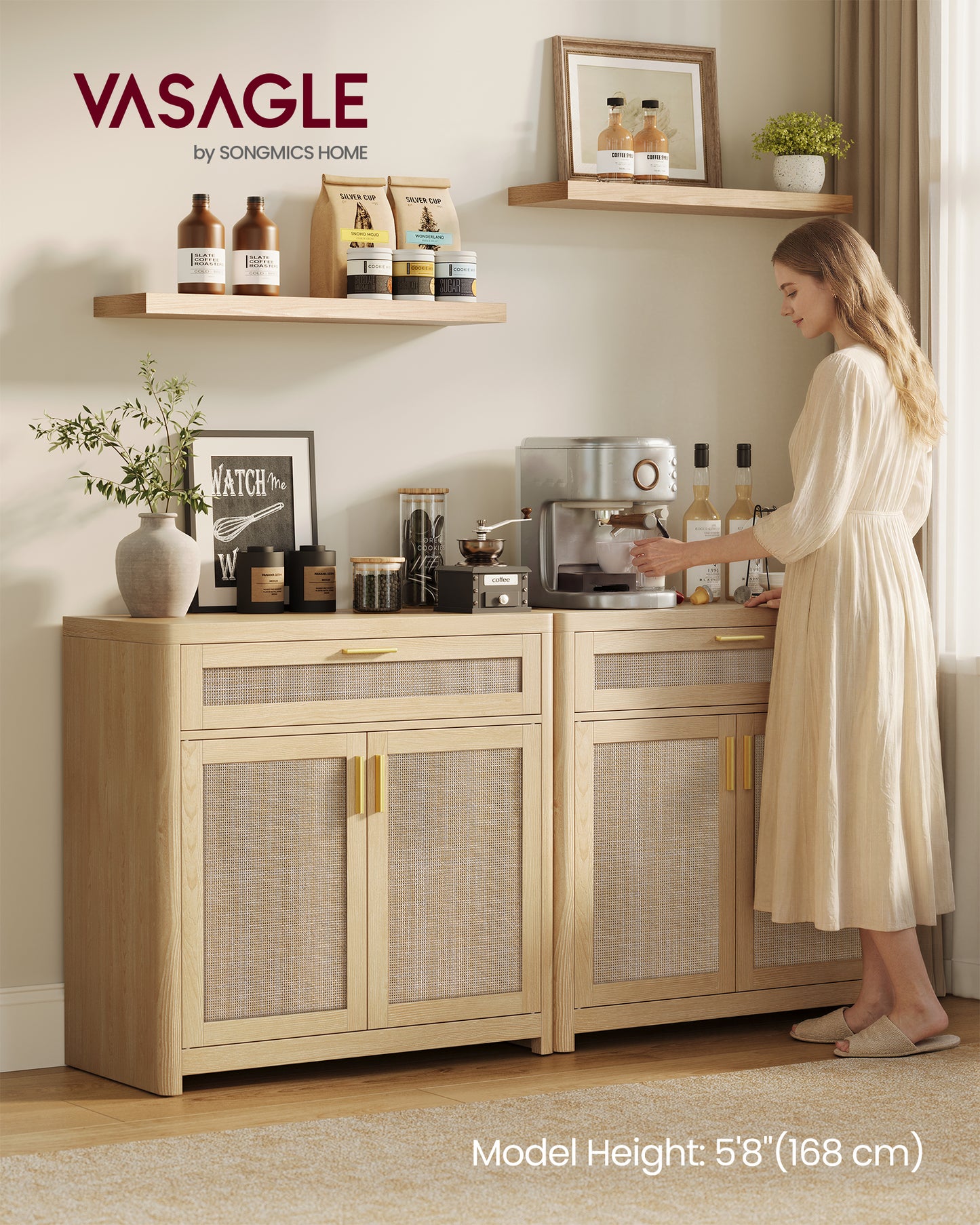 VASAGLE ELLAN Collection - Boho Buffet Cabinet with Rattan-Look Doors, Sideboard Storage Cabinet, Rounded Corners, Adjustable Shelf, Drawer, Oak Beige