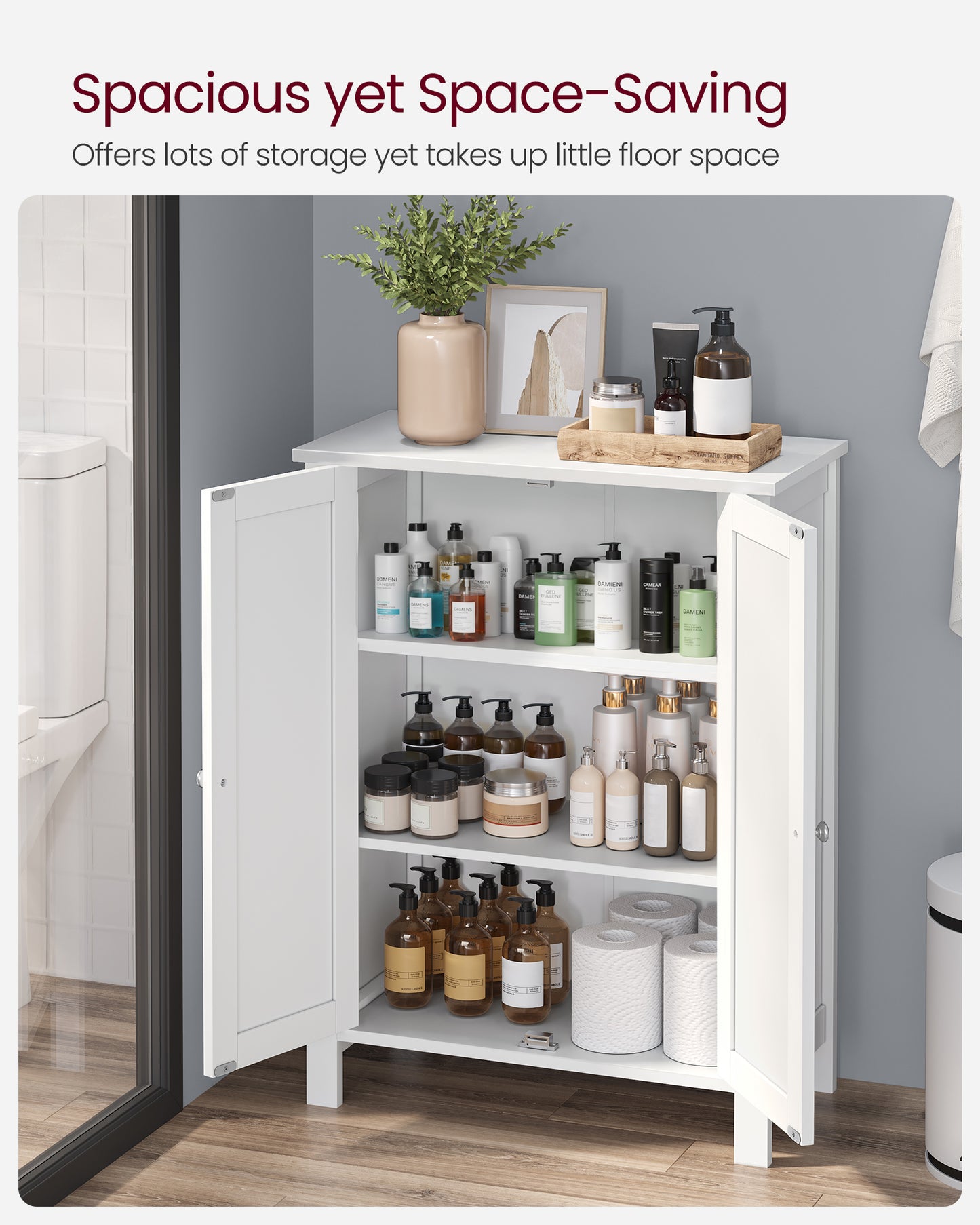 VASAGLE Bathroom Floor Storage Cabinet, Storage Unit with 2 Adjustable Shelves, Cabinet Freestanding,Inches, White