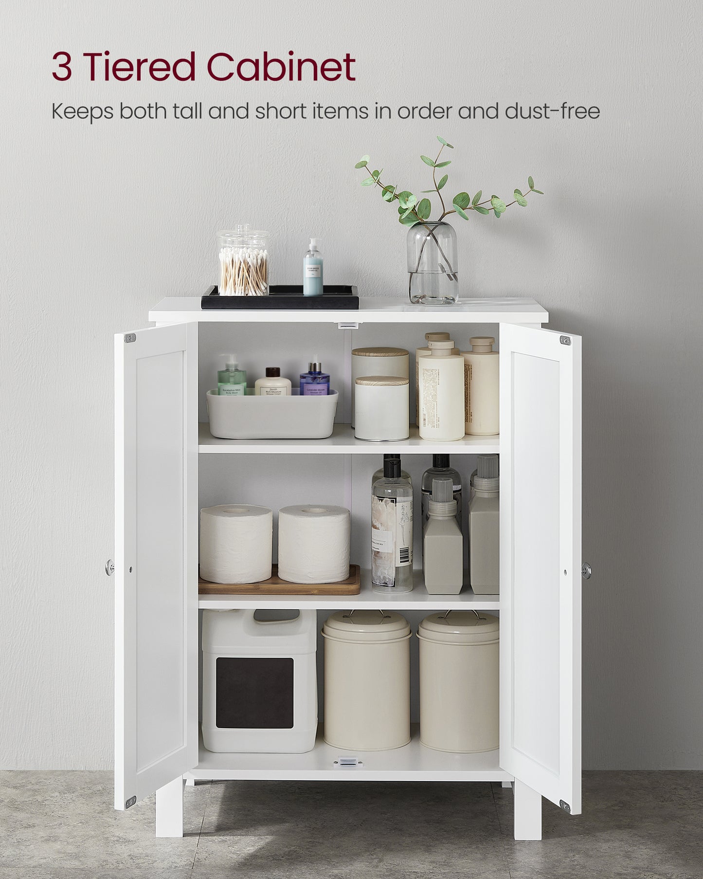 VASAGLE Bathroom Floor Storage Cabinet, Storage Unit with 2 Adjustable Shelves, Cabinet Freestanding,Inches, White