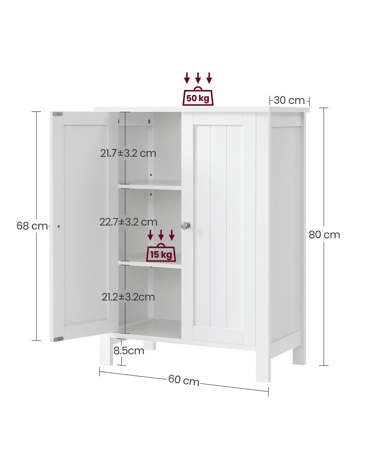 VASAGLE Bathroom Floor Storage Cabinet, Storage Unit with 2 Adjustable Shelves, Cabinet Freestanding,Inches, White