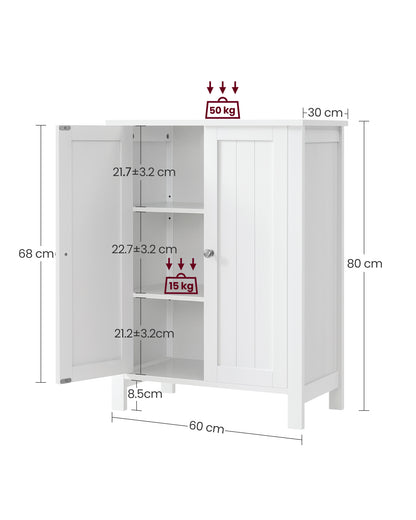 VASAGLE Bathroom Floor Storage Cabinet, Storage Unit with 2 Adjustable Shelves, Cabinet Freestanding,Inches, White