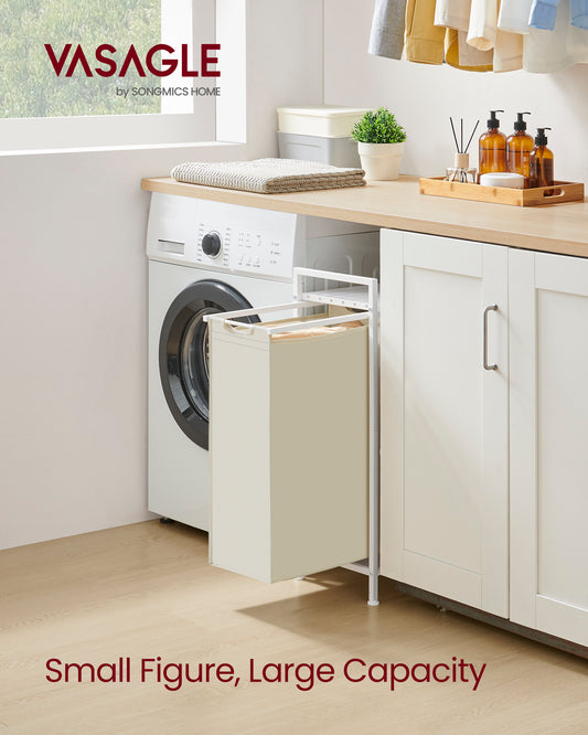 Laundry Hamper, Slim Laundry Basket, Laundry Sorter with A Pull-Out and Removable Bag, Shelf, Metal Frame, 12.7 Gallons (47 L), 16.5 x 11 x 29.5 Inches, Cream White and Cloud White