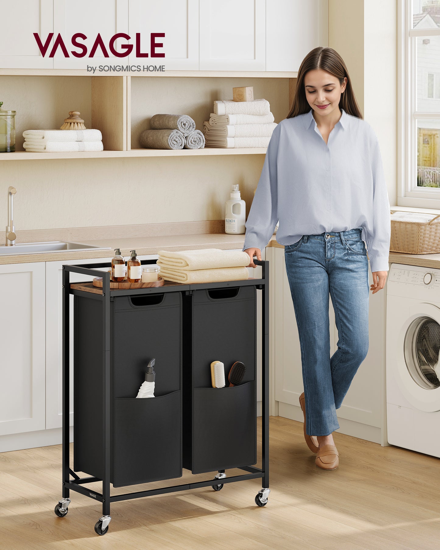 Laundry Hamper Cart with 2 Removable Compartments, 29 Gal Capacity, 4 Wheels, Water-Resistant Bags, Ink Black and Rustic Brown