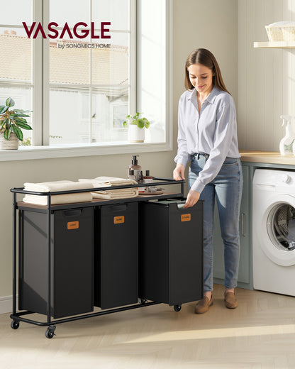 Laundry Sorter with Wheels, 39.6 Gal Rolling Cart with 3 Removable Liners & 6 Labels, Top Shelf for Detergent, Portable Hamper, Ink Black