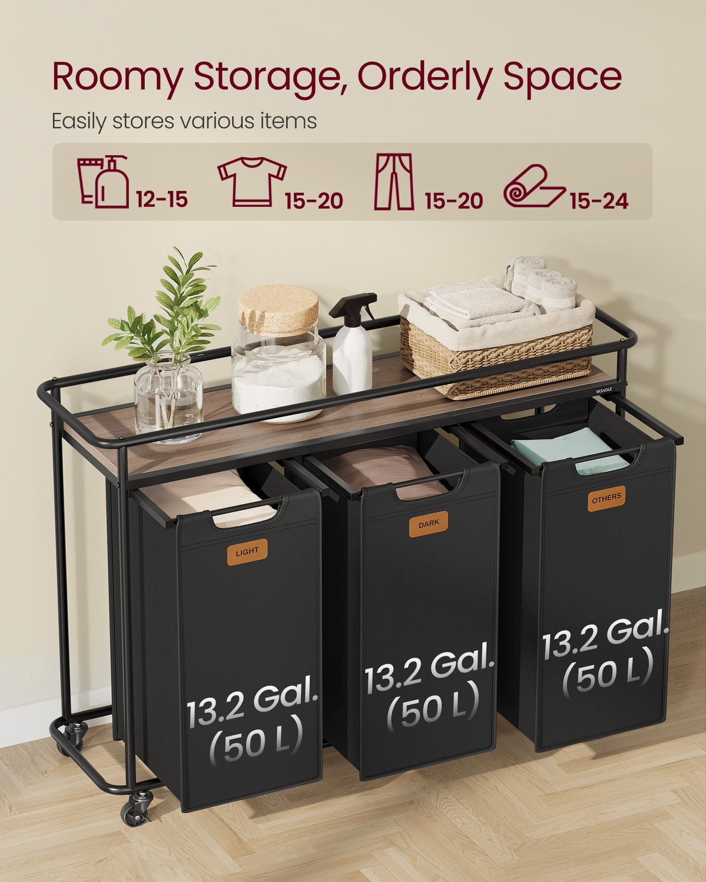 Laundry Sorter with Wheels, 39.6 Gal Rolling Cart with 3 Removable Liners & 6 Labels, Top Shelf for Detergent, Portable Hamper, Ink Black
