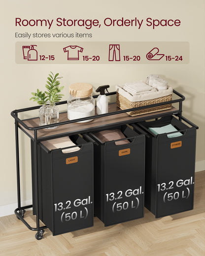 Laundry Sorter with Wheels, 39.6 Gal Rolling Cart with 3 Removable Liners & 6 Labels, Top Shelf for Detergent, Portable Hamper, Ink Black