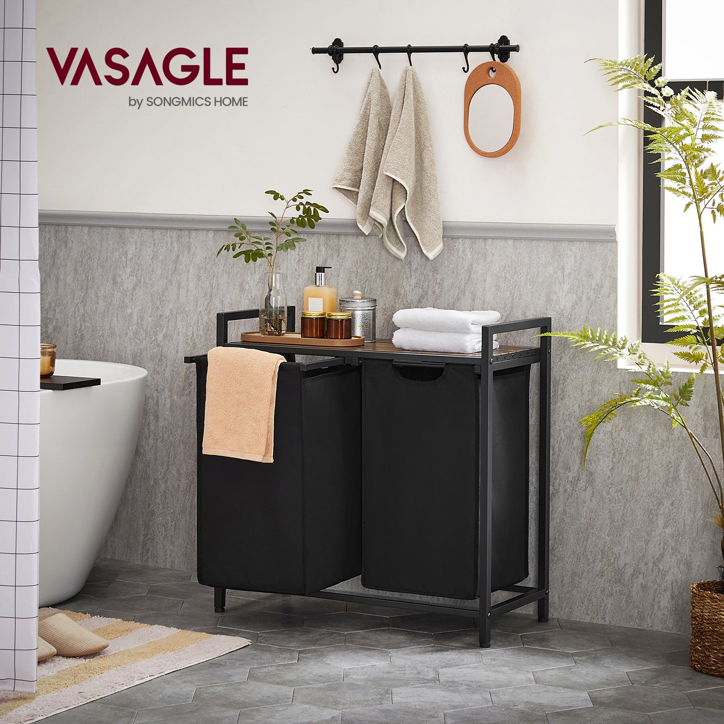 VASAGLE 46L Laundry Hamper Laundry Basket with 2 Pull-Out Bags Laundry Sorter with Shelf Rustic Brown and Black