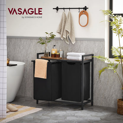 VASAGLE 46L Laundry Hamper Laundry Basket with 2 Pull-Out Bags Laundry Sorter with Shelf Rustic Brown and Black