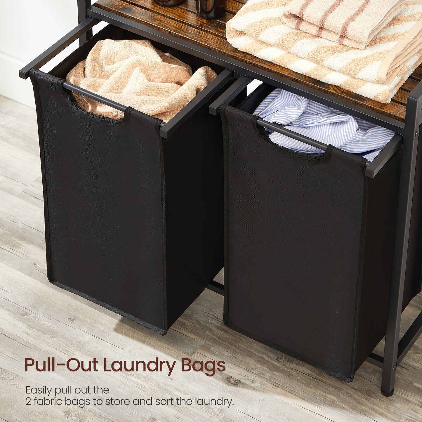 VASAGLE 46L Laundry Hamper Laundry Basket with 2 Pull-Out Bags Laundry Sorter with Shelf Rustic Brown and Black