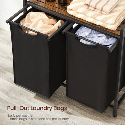 VASAGLE 46L Laundry Hamper Laundry Basket with 2 Pull-Out Bags Laundry Sorter with Shelf Rustic Brown and Black