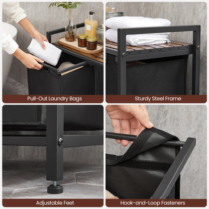 VASAGLE 46L Laundry Hamper Laundry Basket with 2 Pull-Out Bags Laundry Sorter with Shelf Rustic Brown and Black
