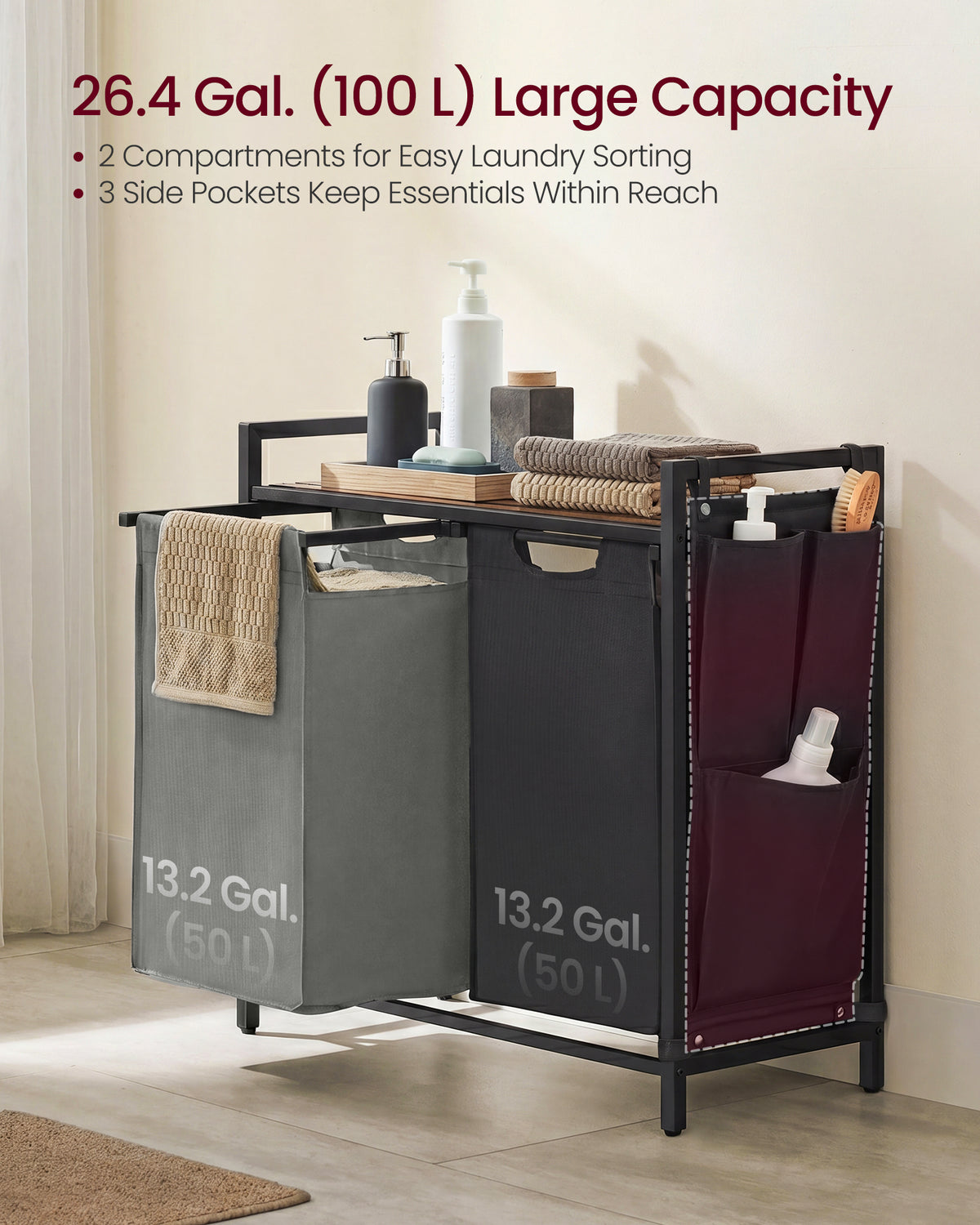 VASAGLE Laundry Hamper, Laundry Basket, Laundry Sorter with A Pull-Out and Removable Bag, Shelf, Metal Frame, 24.3 Gallons (92 L), 28.7 x 13 x 28.3 Inches, Ink Black and Rustic Brown