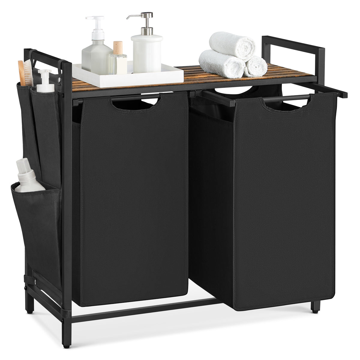 VASAGLE Laundry Hamper, Laundry Basket, Laundry Sorter with 2 Pull-Out and Removable Bags, Shelf, Metal Frame, 2 x 12.1 Gallons (46L), 28.7 x 13 x 28.3 Inches, Ink Black and Rustic Brown