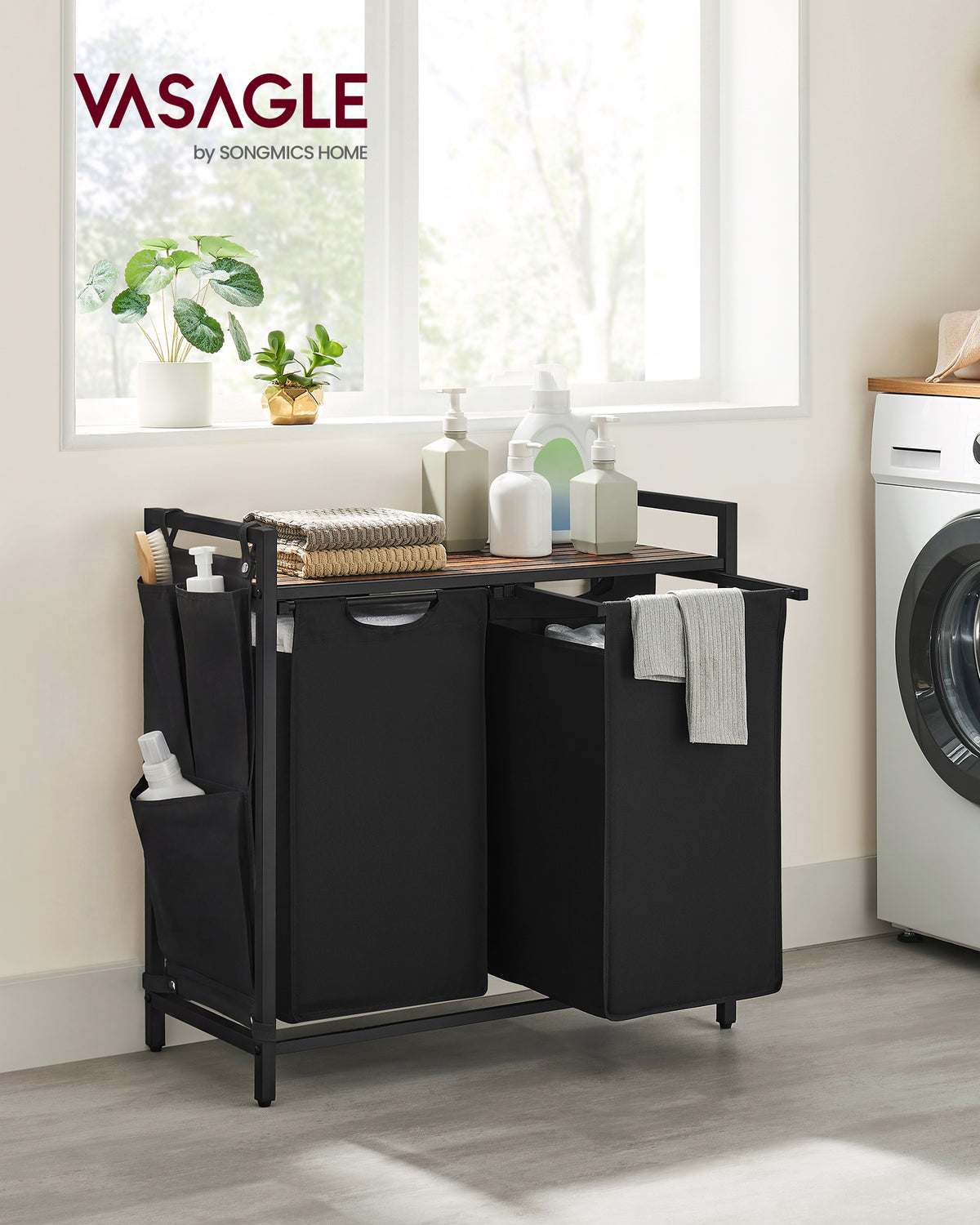 VASAGLE Laundry Hamper, Laundry Basket, Laundry Sorter with 2 Pull-Out and Removable Bags, Shelf, Metal Frame, 2 x 12.1 Gallons (46L), 28.7 x 13 x 28.3 Inches, Ink Black and Rustic Brown