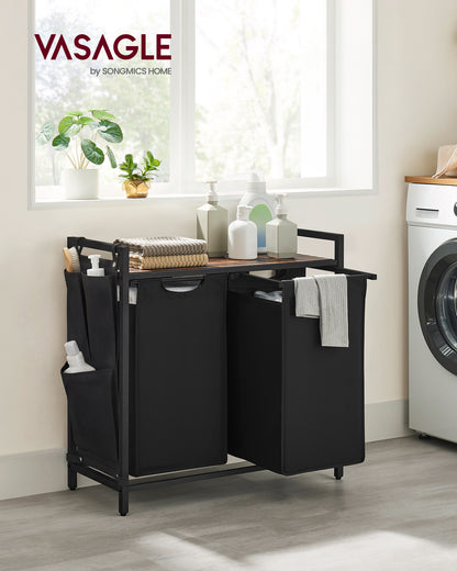 VASAGLE Laundry Hamper, Laundry Basket, Laundry Sorter with 2 Pull-Out and Removable Bags, Shelf, Metal Frame, 2 x 12.1 Gallons (46L), 28.7 x 13 x 28.3 Inches, Ink Black and Rustic Brown