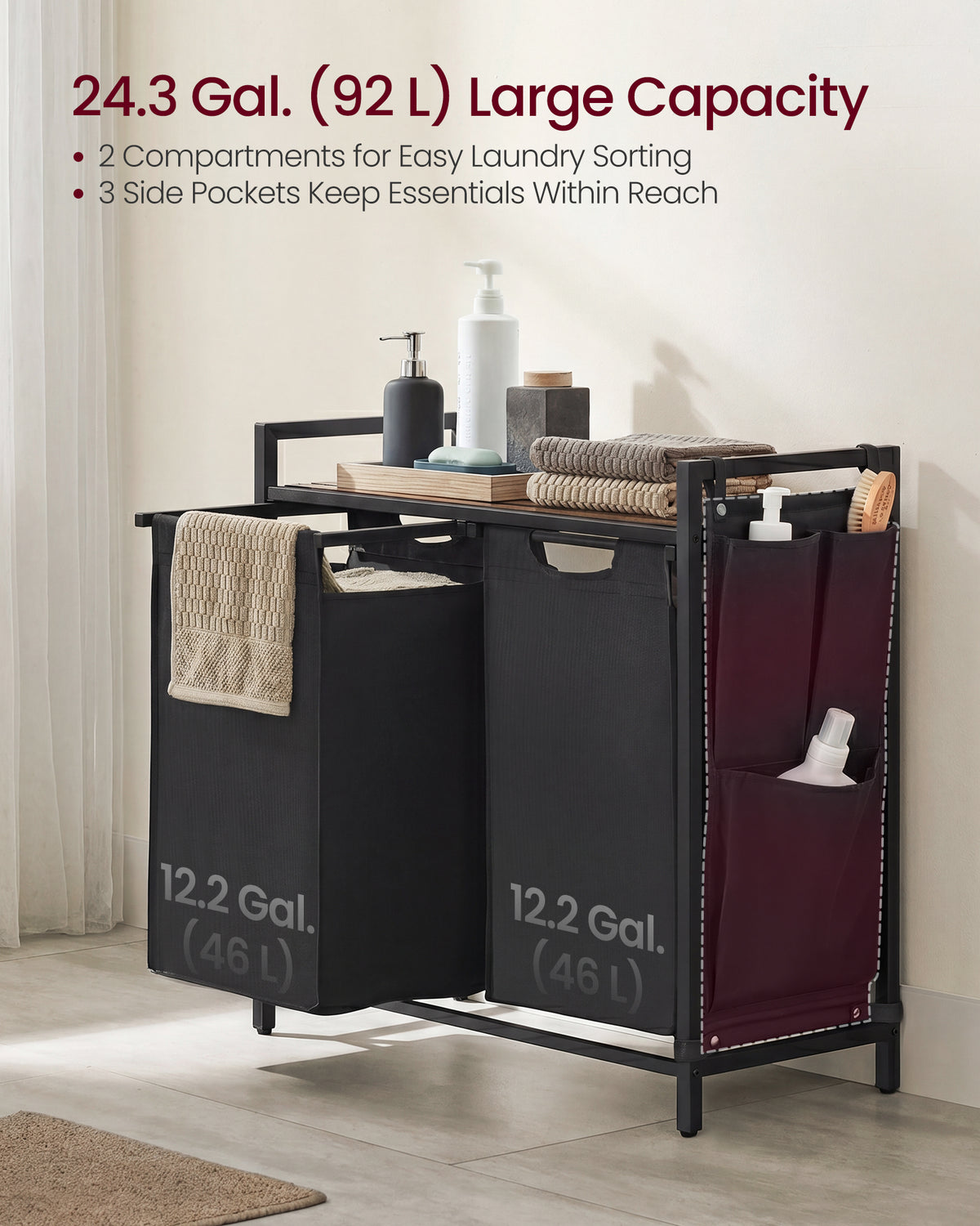 VASAGLE Laundry Hamper, Laundry Basket, Laundry Sorter with 2 Pull-Out and Removable Bags, Shelf, Metal Frame, 2 x 12.1 Gallons (46L), 28.7 x 13 x 28.3 Inches, Ink Black and Rustic Brown