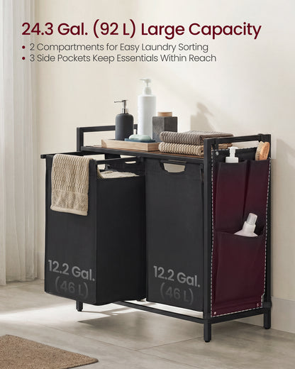 VASAGLE Laundry Hamper, Laundry Basket, Laundry Sorter with 2 Pull-Out and Removable Bags, Shelf, Metal Frame, 2 x 12.1 Gallons (46L), 28.7 x 13 x 28.3 Inches, Ink Black and Rustic Brown