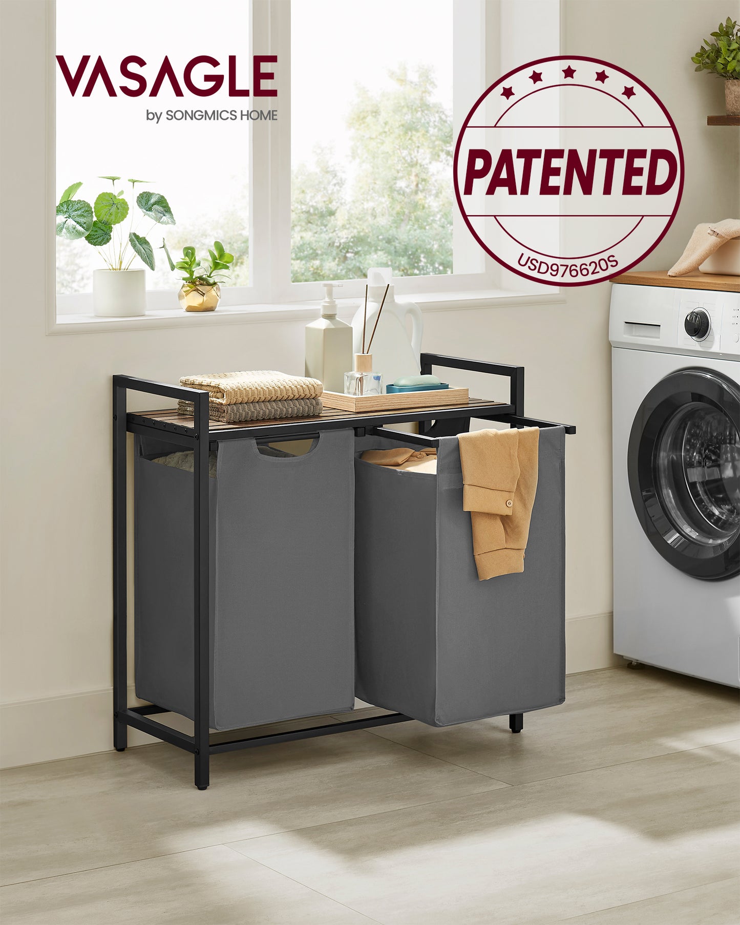 46L Laundry Hamper with Shelf Laundry Basket Laundry Sorter with 2 Pull-Out and Removable Bags Shelf Gray