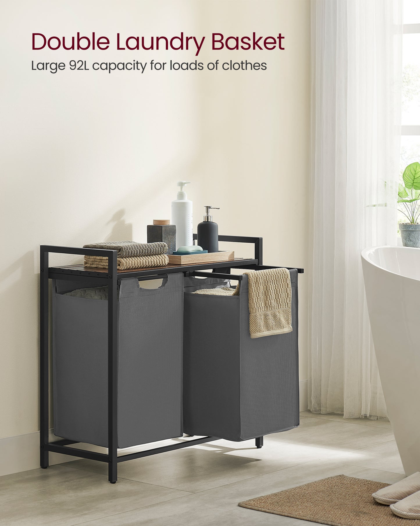 Laundry Hamper, Laundry Basket, Laundry Sorter with 2 Pull-Out and Removable Bags, Shelf, Metal Frame, 2 x 12.1 Gallons