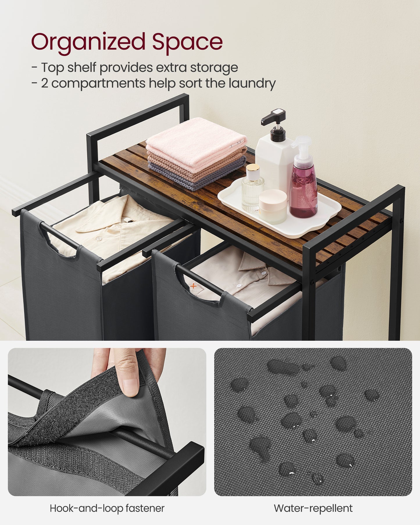 Laundry Hamper, Laundry Basket, Laundry Sorter with 2 Pull-Out and Removable Bags, Shelf, Metal Frame, 2 x 12.1 Gallons